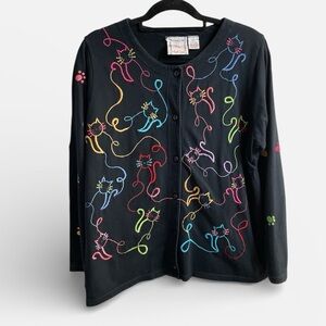 Vintage Michael Simon Black Embroidered Cat Cardigan Sweater XL Novelty Knit